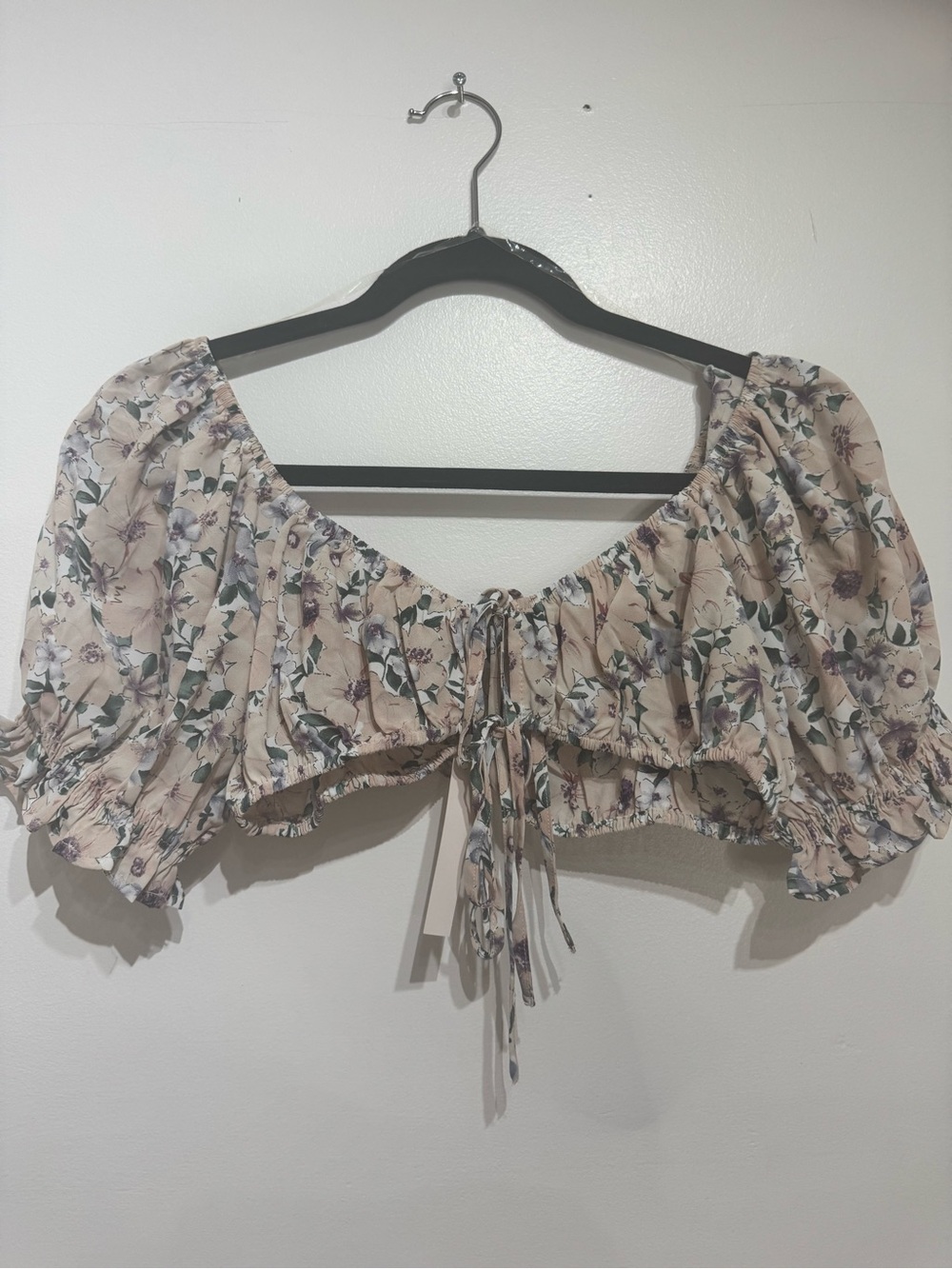 Blush Floral Tie-Front Crop Top - Cream Pink